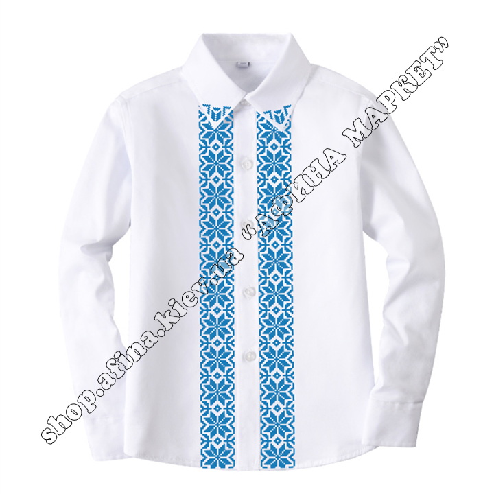 Рубашка белая с длинным рукавом голубой орнамент