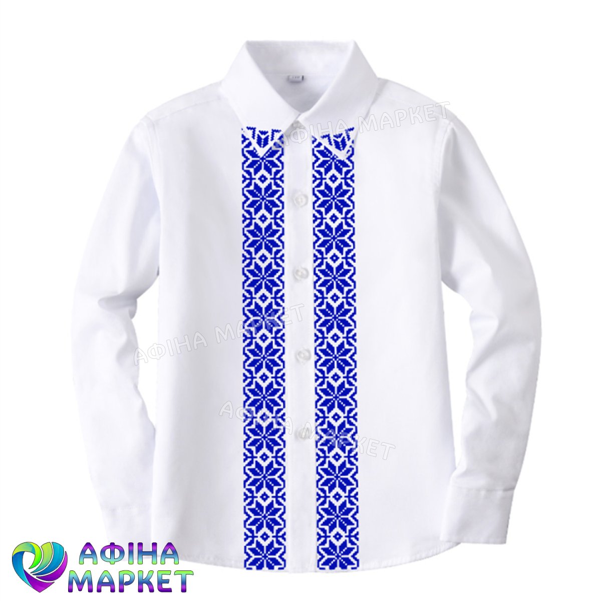 Сорочка біла з довгим рукавом синій орнамент 125586