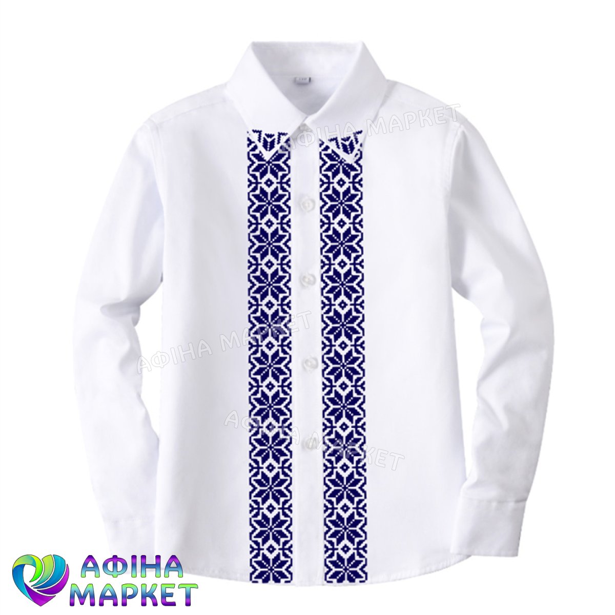 Сорочка біла з довгим рукавом темно-синій орнамент 125582