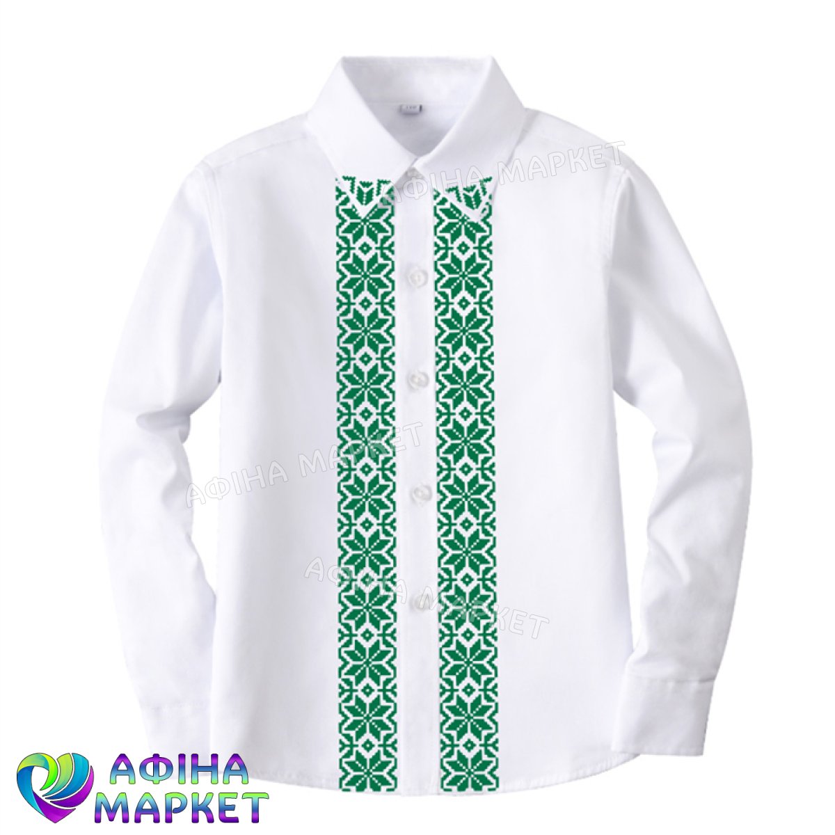 Сорочка біла з довгим рукавом зелений орнамент 125584