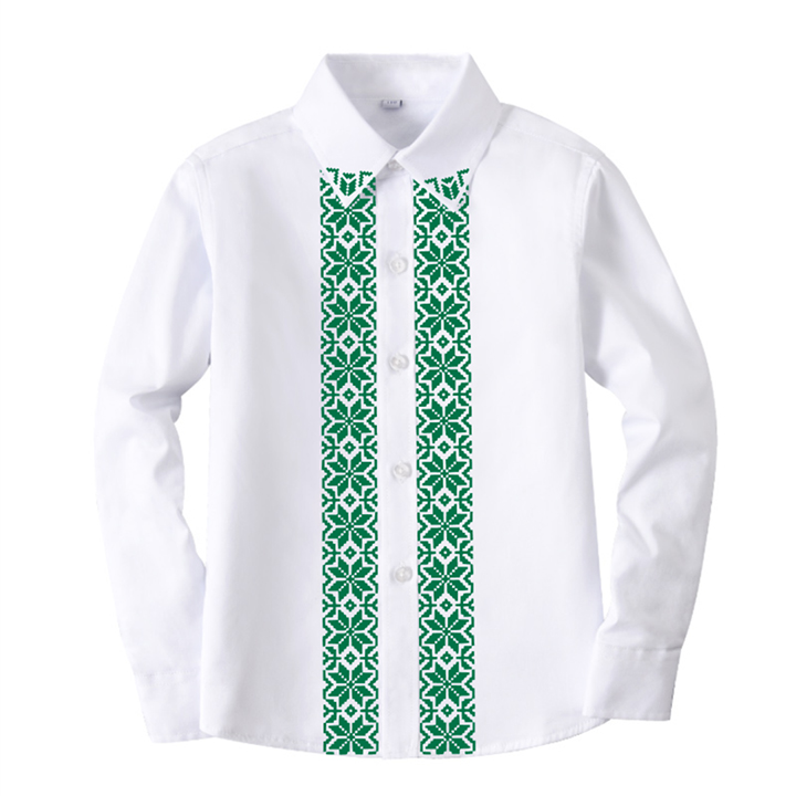 Рубашка белая с длинным рукавом зеленый орнамент